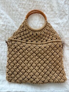 Handwoven Macramé Tote Bag with Wooden Handles - Beige